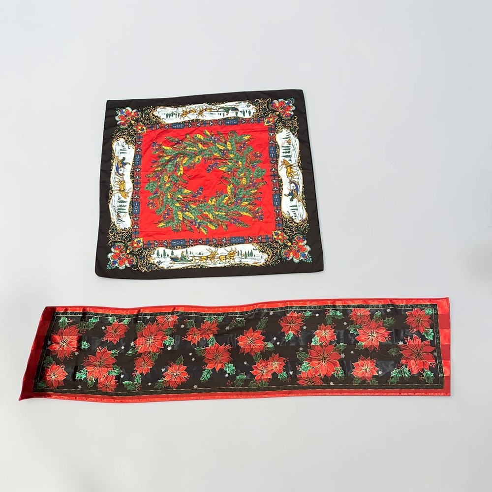 Vintage‎ Christmas Scarf Bundle Poinsettia Wreath Sleigh Red Green Black 2pc Set